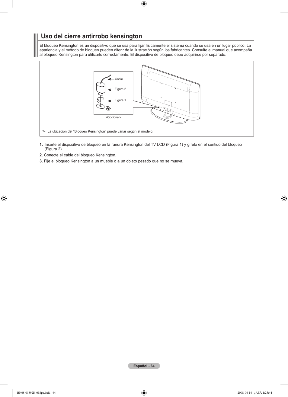 Uso del cierre antirrobo kensington | Samsung LN32A540P2DXZA User Manual | Page 134 / 137