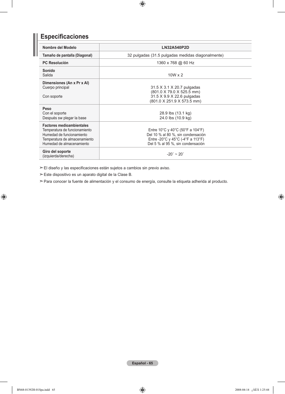 Especificaciones | Samsung LN32A540P2DXZA User Manual | Page 135 / 137