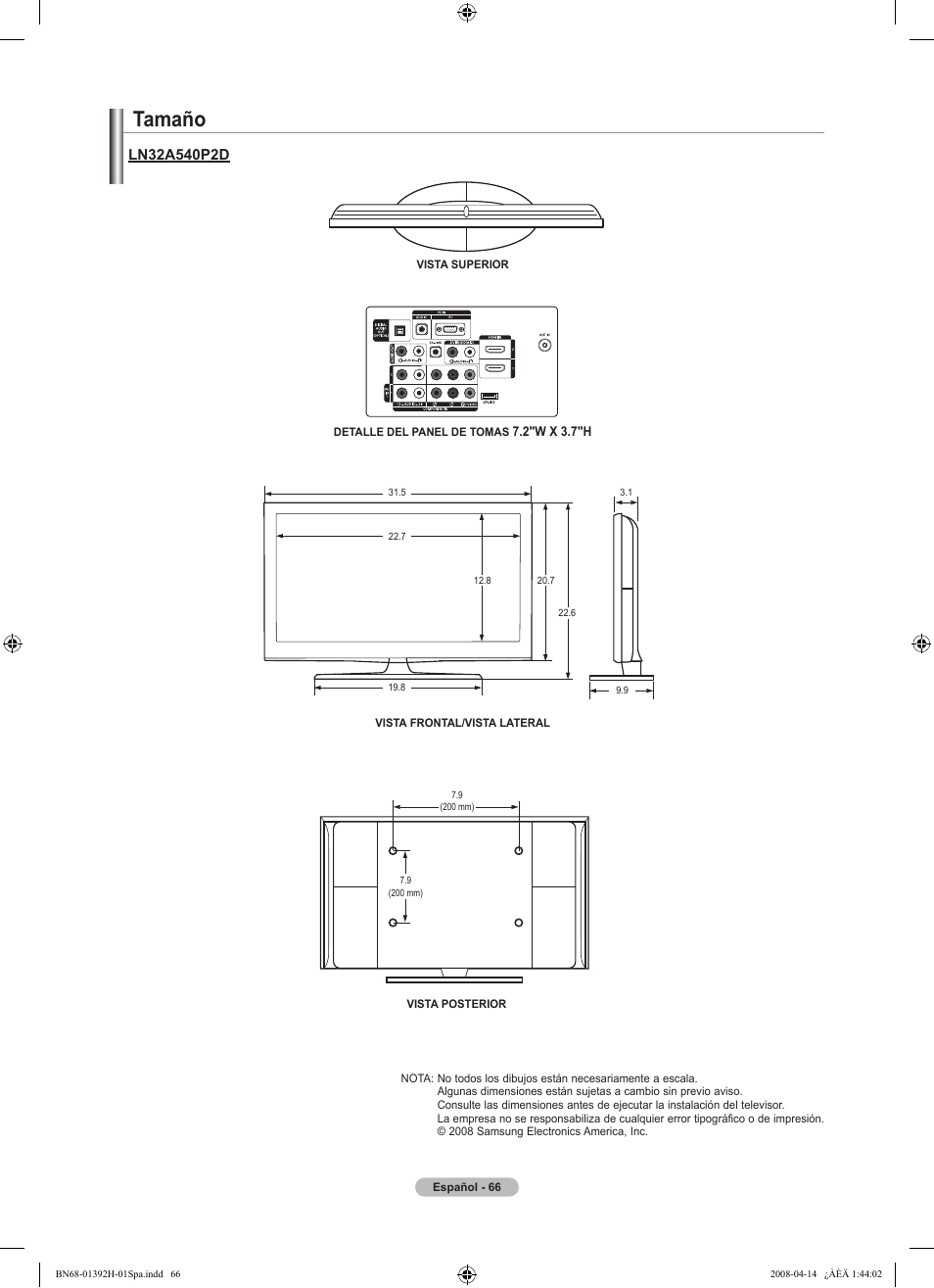 Tamaño | Samsung LN32A540P2DXZA User Manual | Page 136 / 137