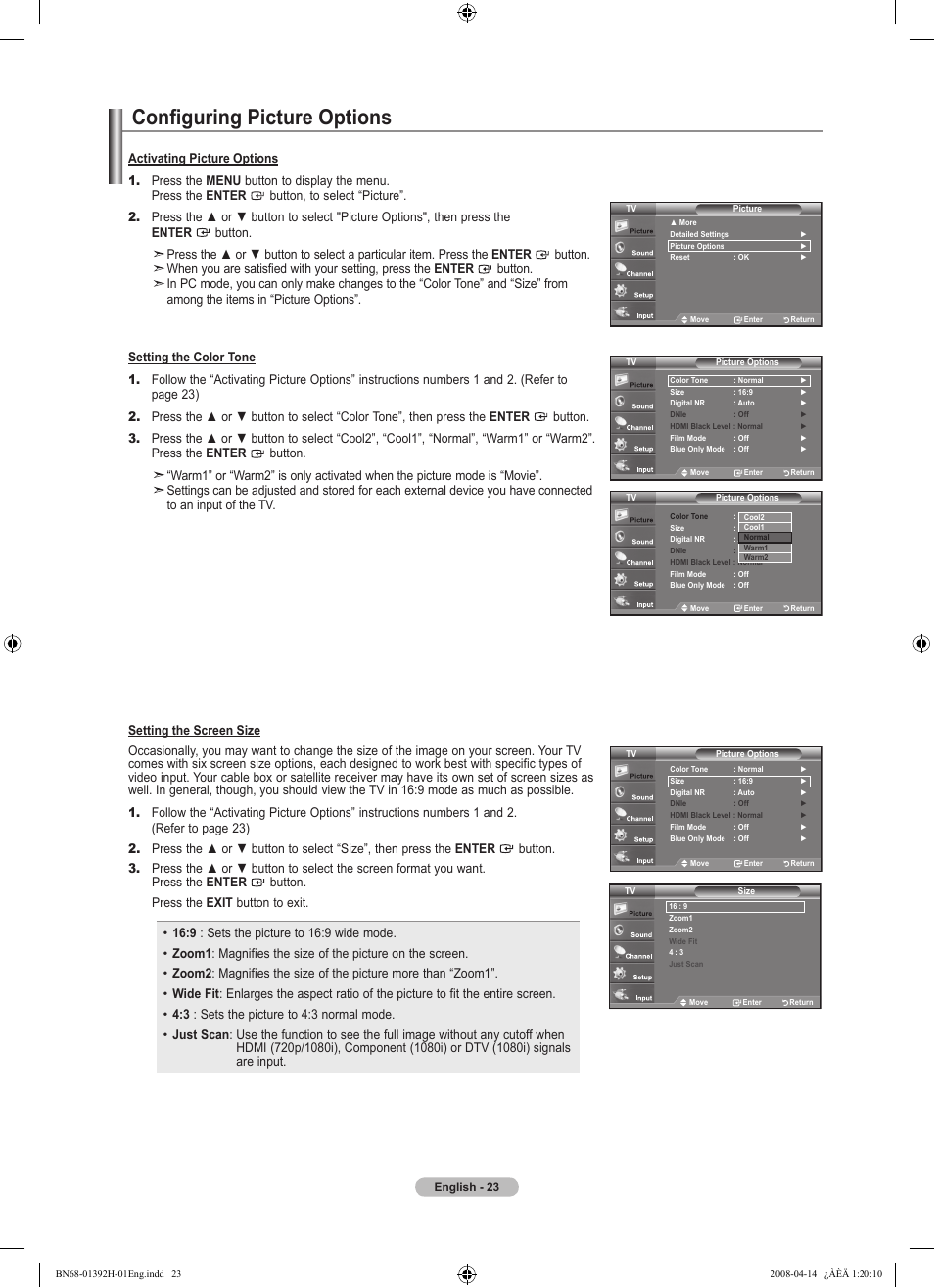 Configuring picture optionsmove, Configuring picture options | Samsung LN32A540P2DXZA User Manual | Page 25 / 137