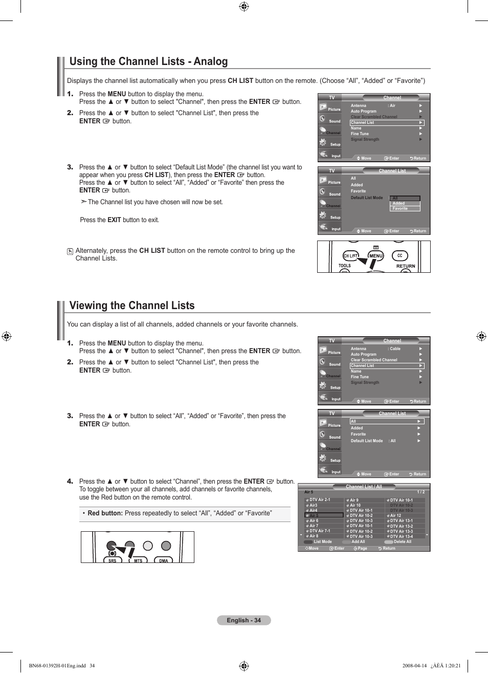 Using the channel lists - analog, Viewing the channel lists | Samsung LN32A540P2DXZA User Manual | Page 36 / 137