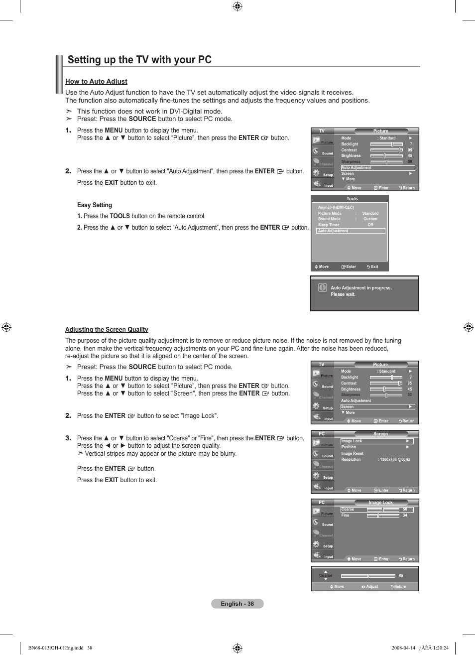 Setting up the tv with your pc, This function does not work in dvi-digital mode | Samsung LN32A540P2DXZA User Manual | Page 40 / 137