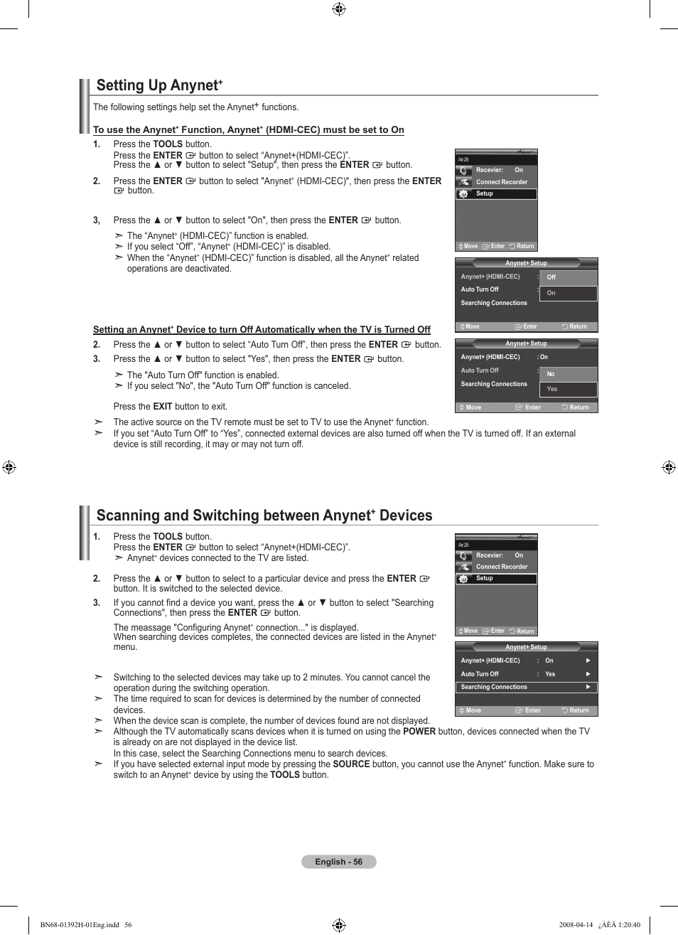 Setting up anynet, Scanning and switching between anynet+ devices, Scanning and switching between anynet | Devices | Samsung LN32A540P2DXZA User Manual | Page 58 / 137