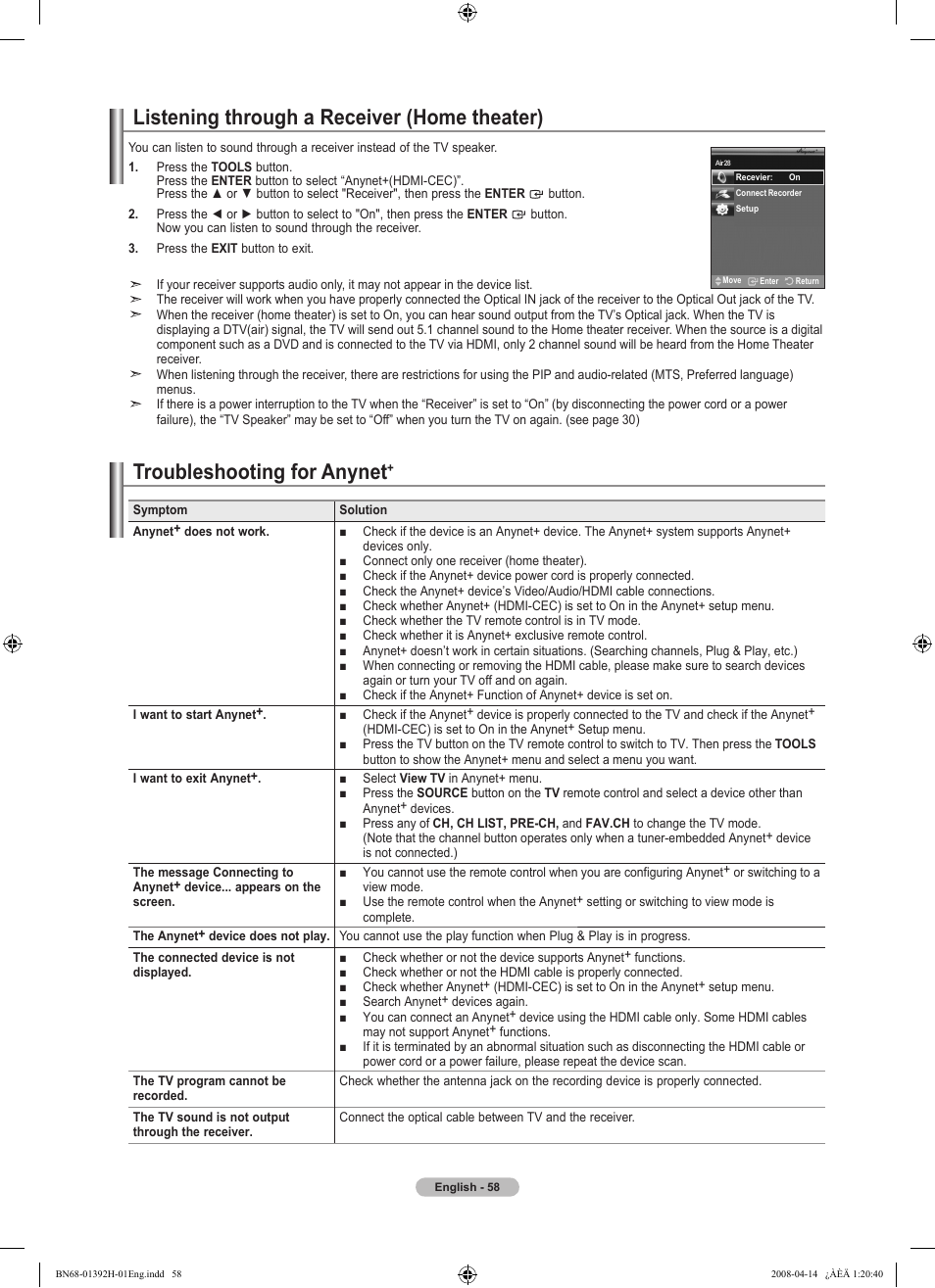 Listening through a receiver (home theater), Troubleshooting for anynet | Samsung LN32A540P2DXZA User Manual | Page 60 / 137