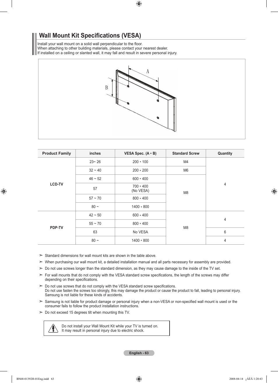 Wall mount kit specifications (vesa) | Samsung LN32A540P2DXZA User Manual | Page 65 / 137