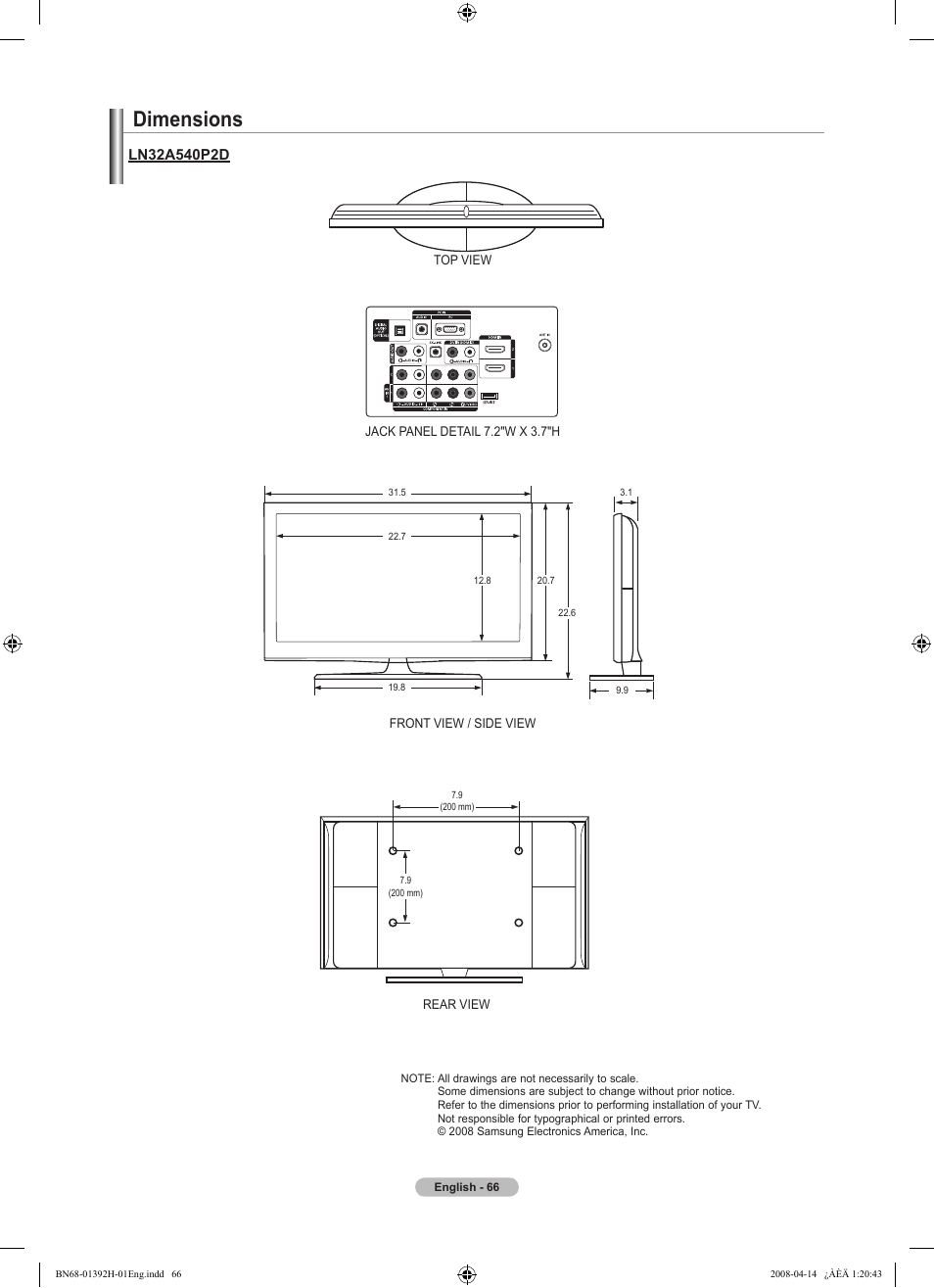 Dimensions | Samsung LN32A540P2DXZA User Manual | Page 68 / 137