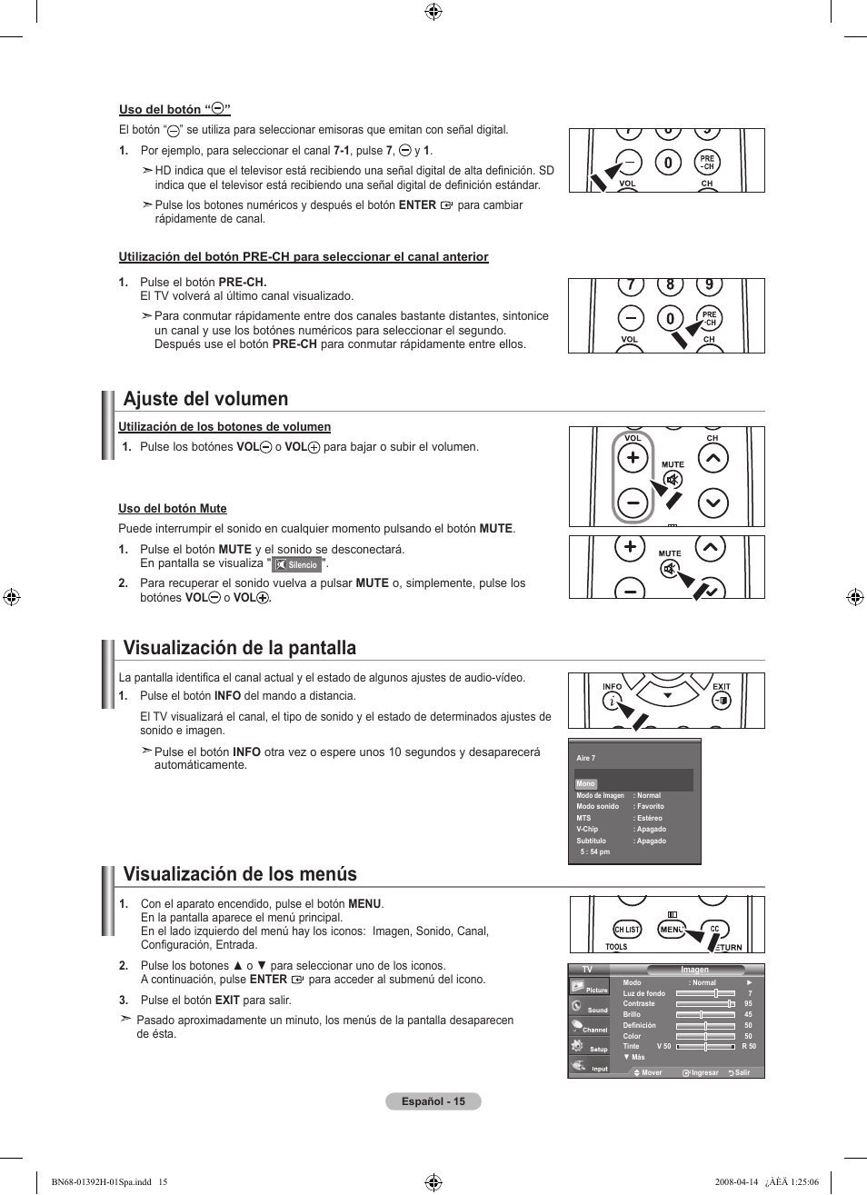 Ajuste del volumen, Visualización de la pantalla, Visualización de los menús | Samsung LN32A540P2DXZA User Manual | Page 85 / 137