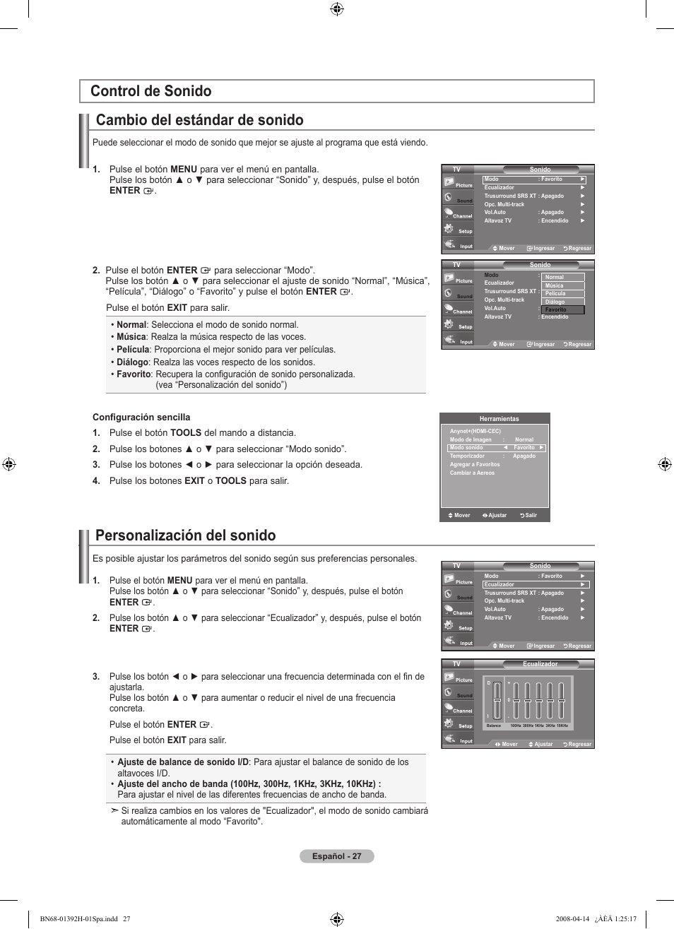 Personalización del sonido, Control de sonido cambio del estándar de sonido | Samsung LN32A540P2DXZA User Manual | Page 97 / 137