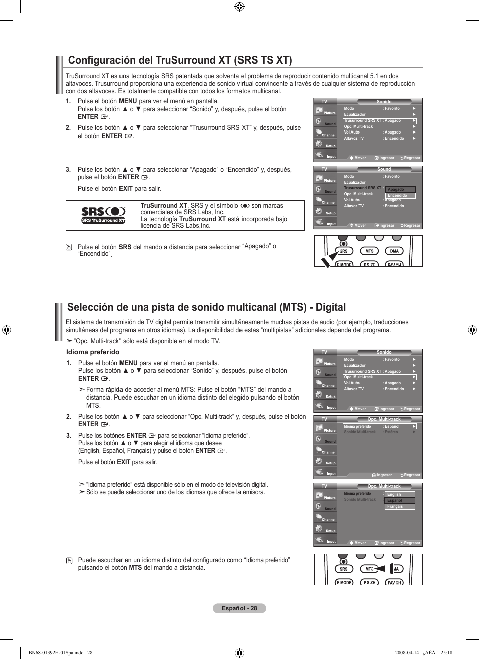 Configuración del trusurround xt (srs ts xt) | Samsung LN32A540P2DXZA User Manual | Page 98 / 137