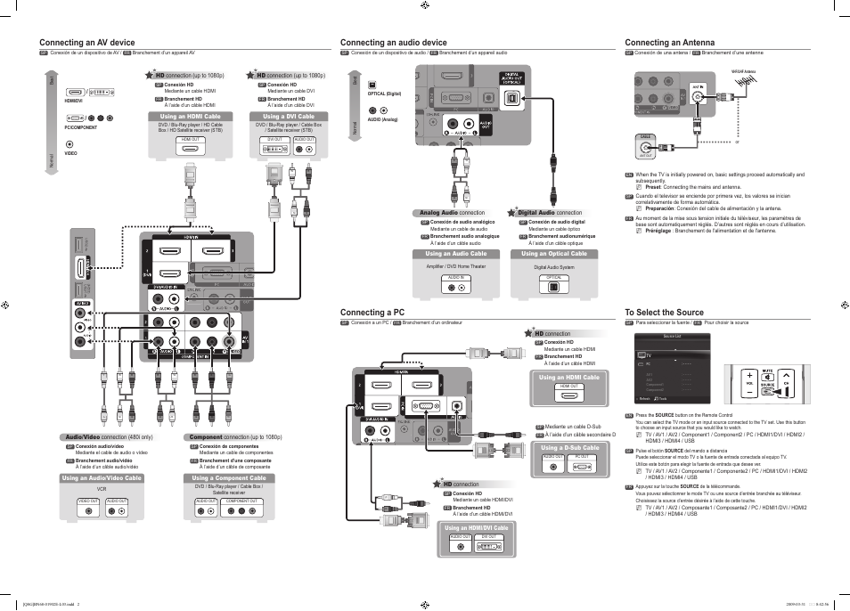 Connecting a pc, Connecting an av device, Connecting an audio device | Connecting an antenna | Samsung LN46B610A5FUZA User Manual | Page 2 / 2