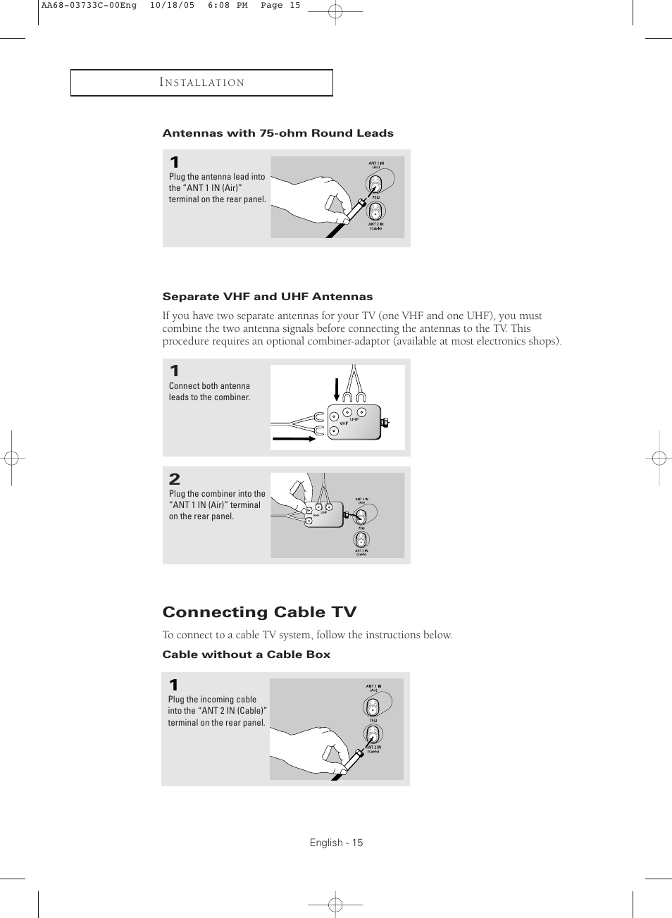 Antennas with 75-ohm round leads, Separate vhf and uhf antennas, Connecting cable tv | Cable without a cable box | Samsung TXR2779HKX-XAA User Manual | Page 15 / 80