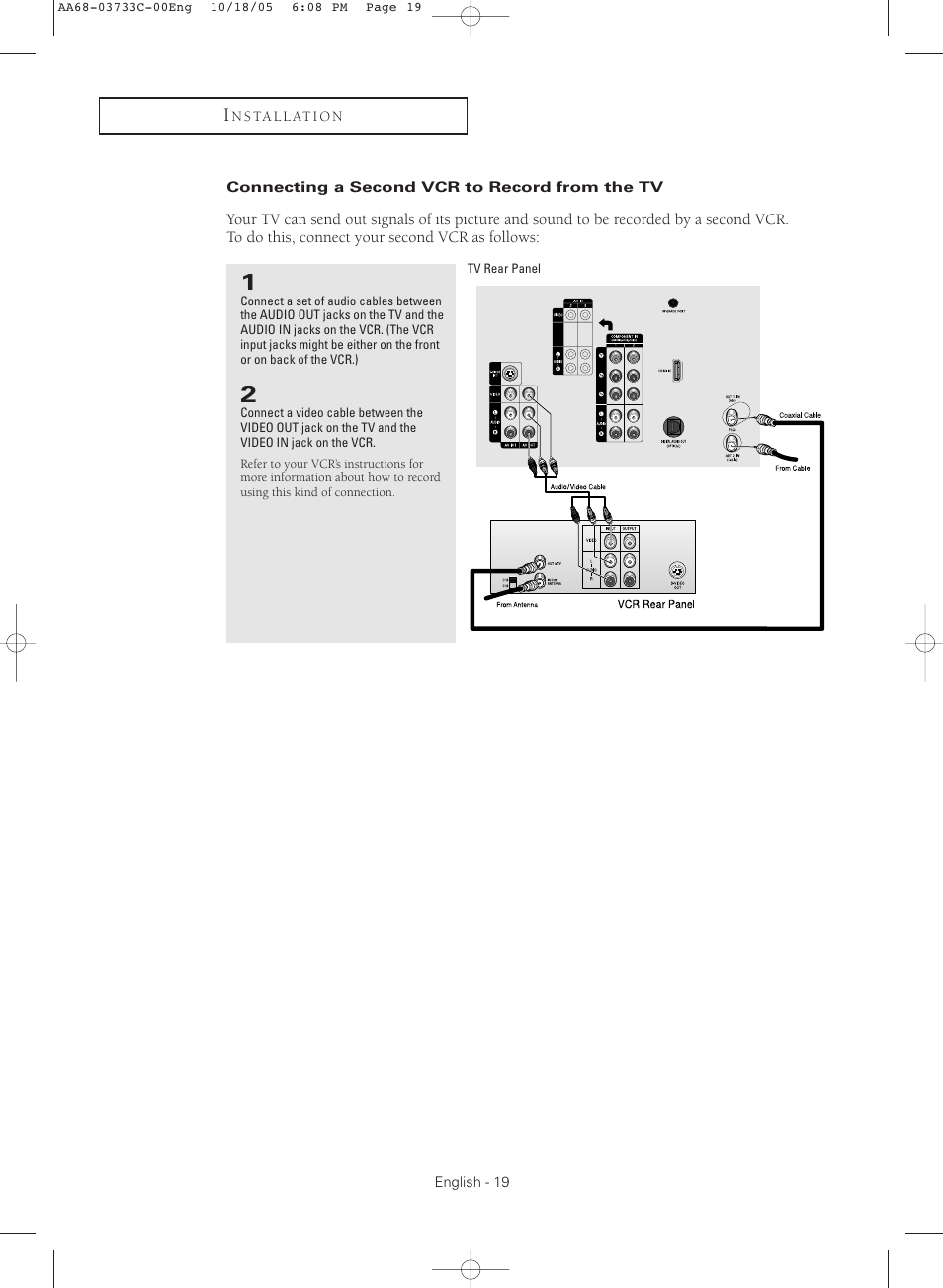 Connecting a second vcr to record from the tv | Samsung TXR2779HKX-XAA User Manual | Page 19 / 80