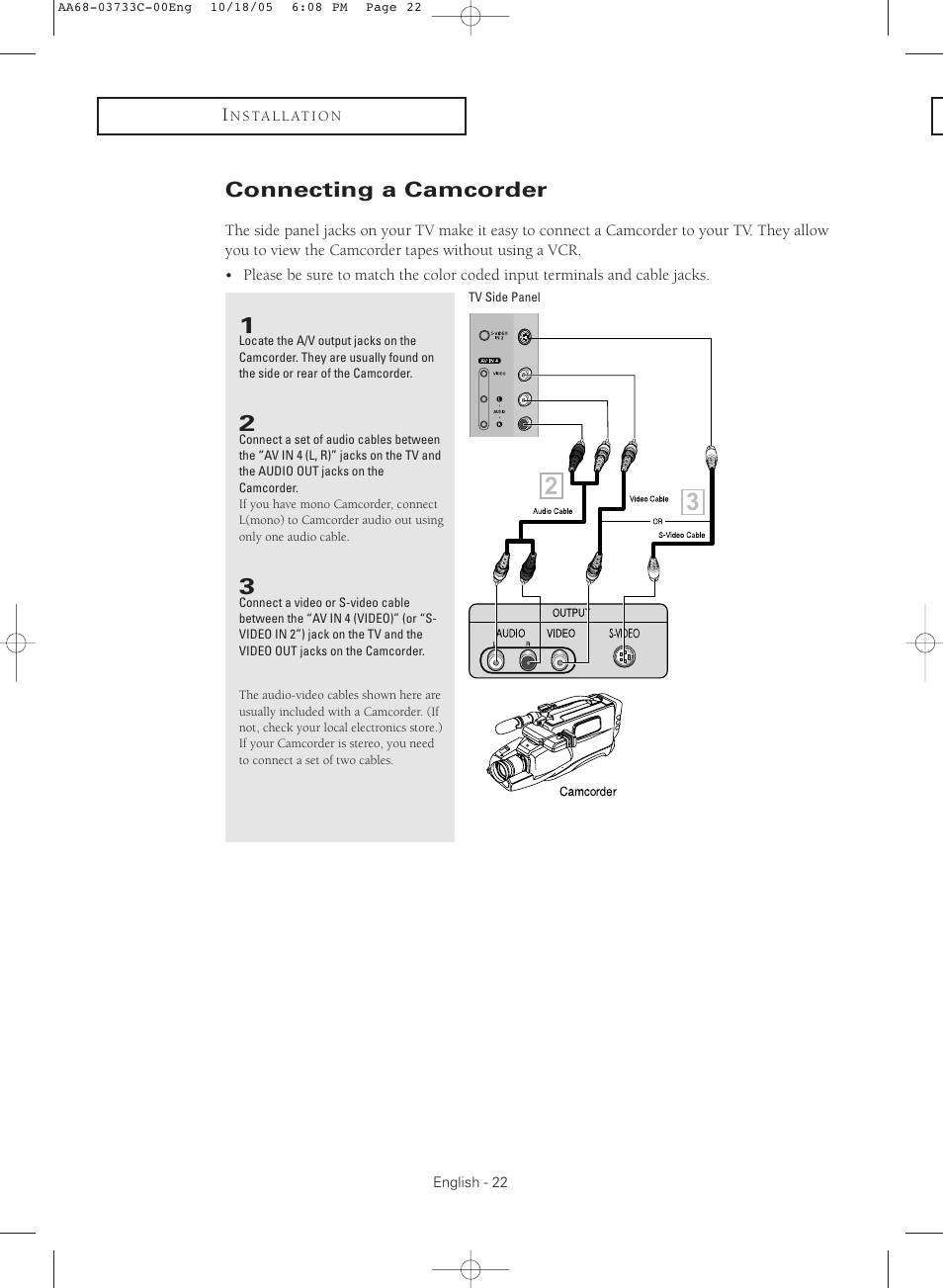 Connecting a camcorder | Samsung TXR2779HKX-XAA User Manual | Page 22 / 80