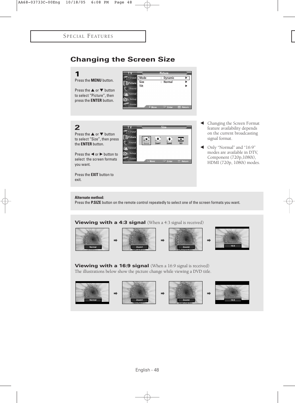 Changing the screen size | Samsung TXR2779HKX-XAA User Manual | Page 48 / 80