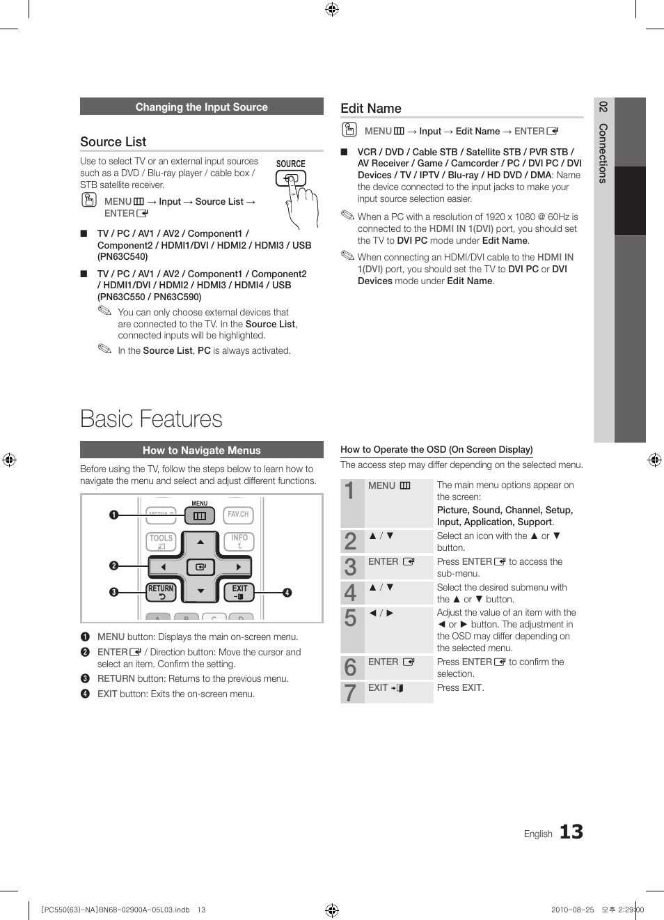 Changing the input source, Basic features, How to navigate menus | Source list, Edit name | Samsung PN63C590G4FXZA User Manual | Page 13 / 163