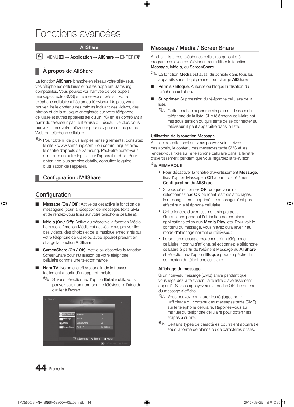 Fonctions avancées, Configuration, Message / média / screenshare | Samsung PN63C590G4FXZA User Manual | Page 152 / 163