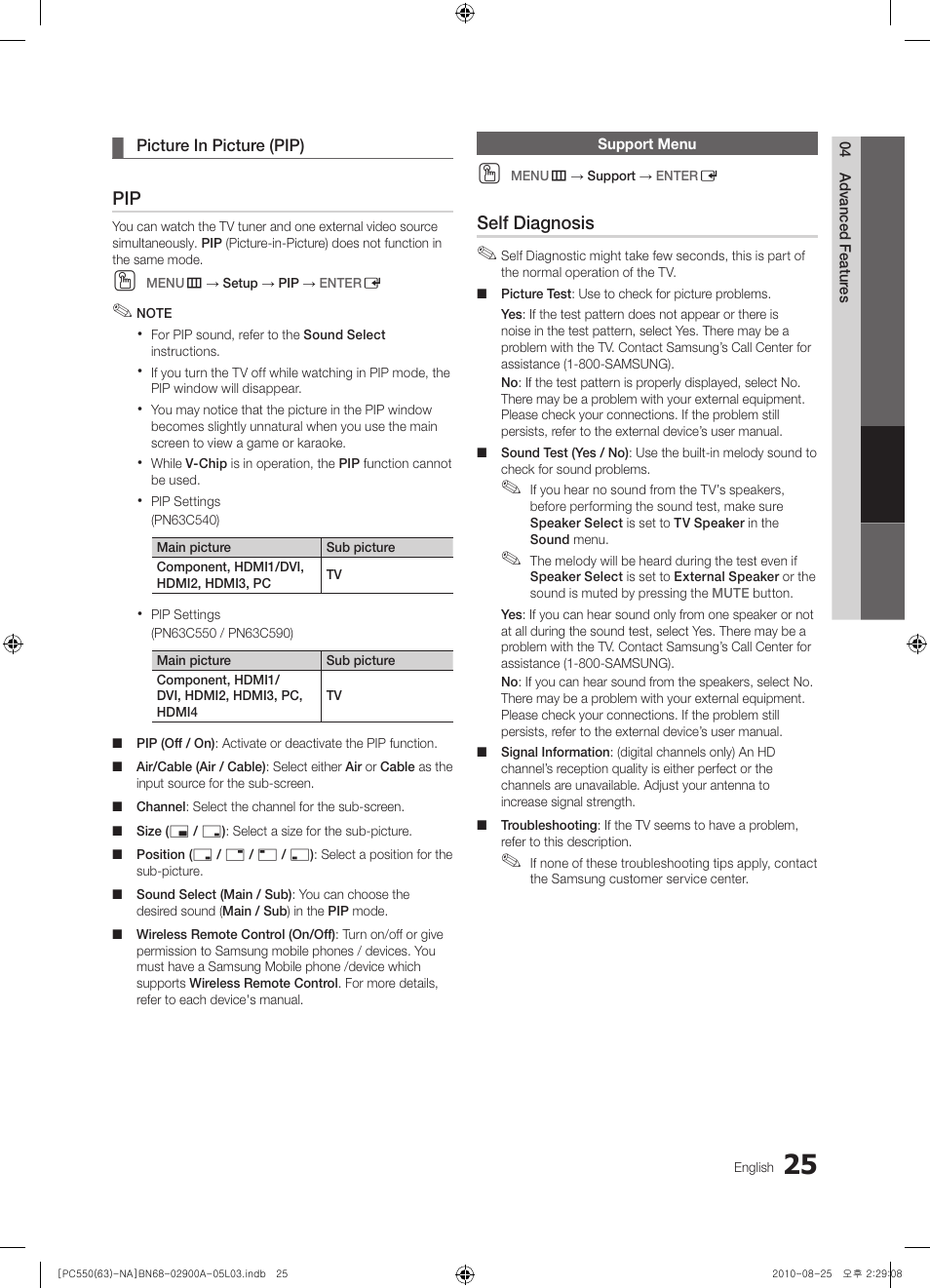 Support menu, Self diagnosis | Samsung PN63C590G4FXZA User Manual | Page 25 / 163