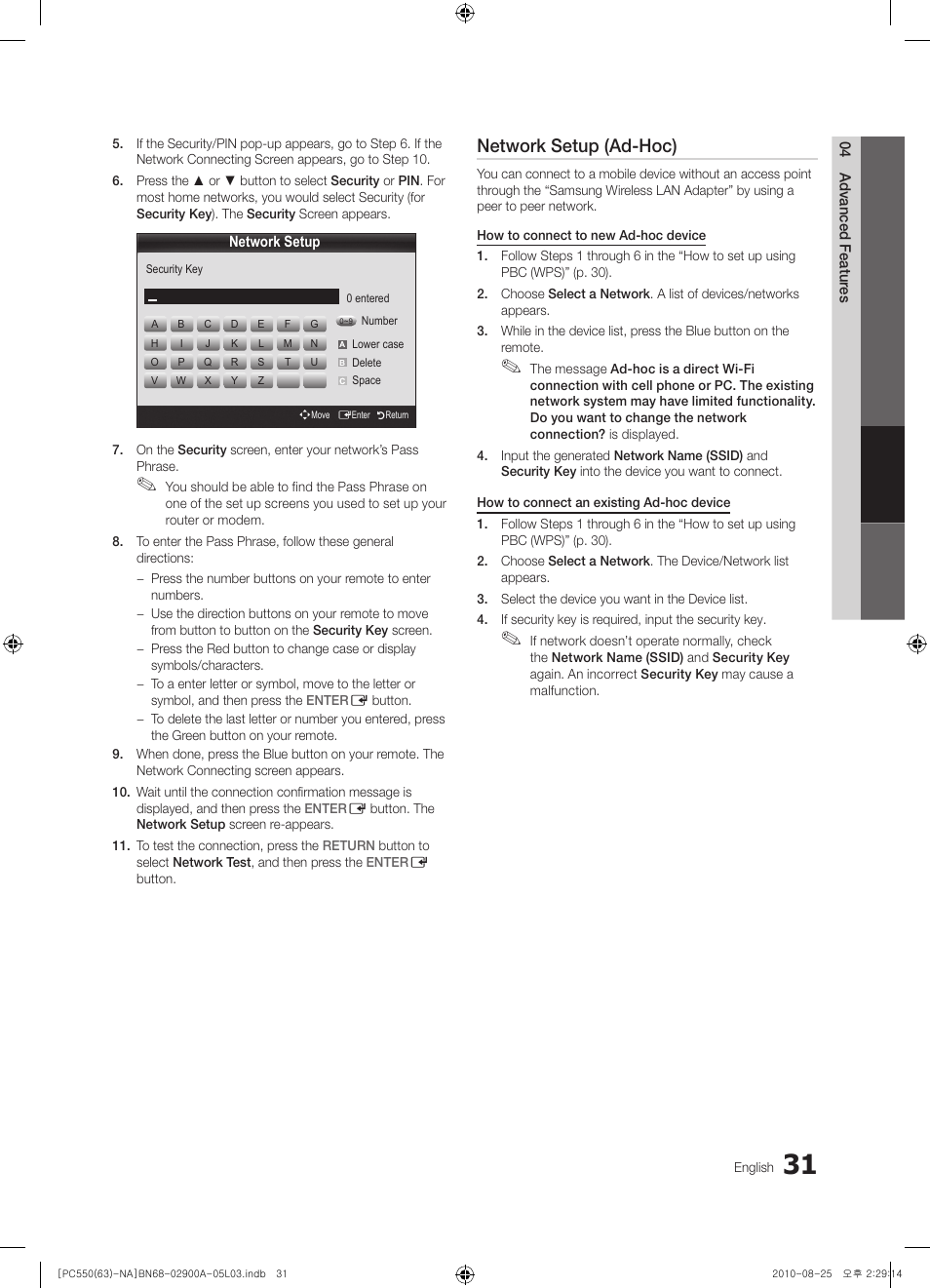 Network setup (ad-hoc) | Samsung PN63C590G4FXZA User Manual | Page 31 / 163