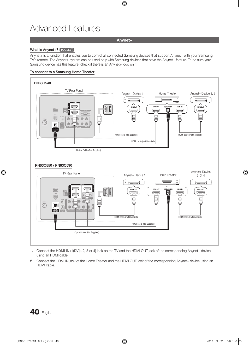 Anynet, Advanced features | Samsung PN63C590G4FXZA User Manual | Page 40 / 163