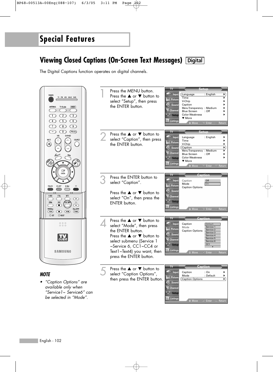 Viewing closed captions(on-screen text messages), Special features, Viewing closed captions (on-screen text messages) | Digital | Samsung HLR5078WX-XAC User Manual | Page 102 / 144