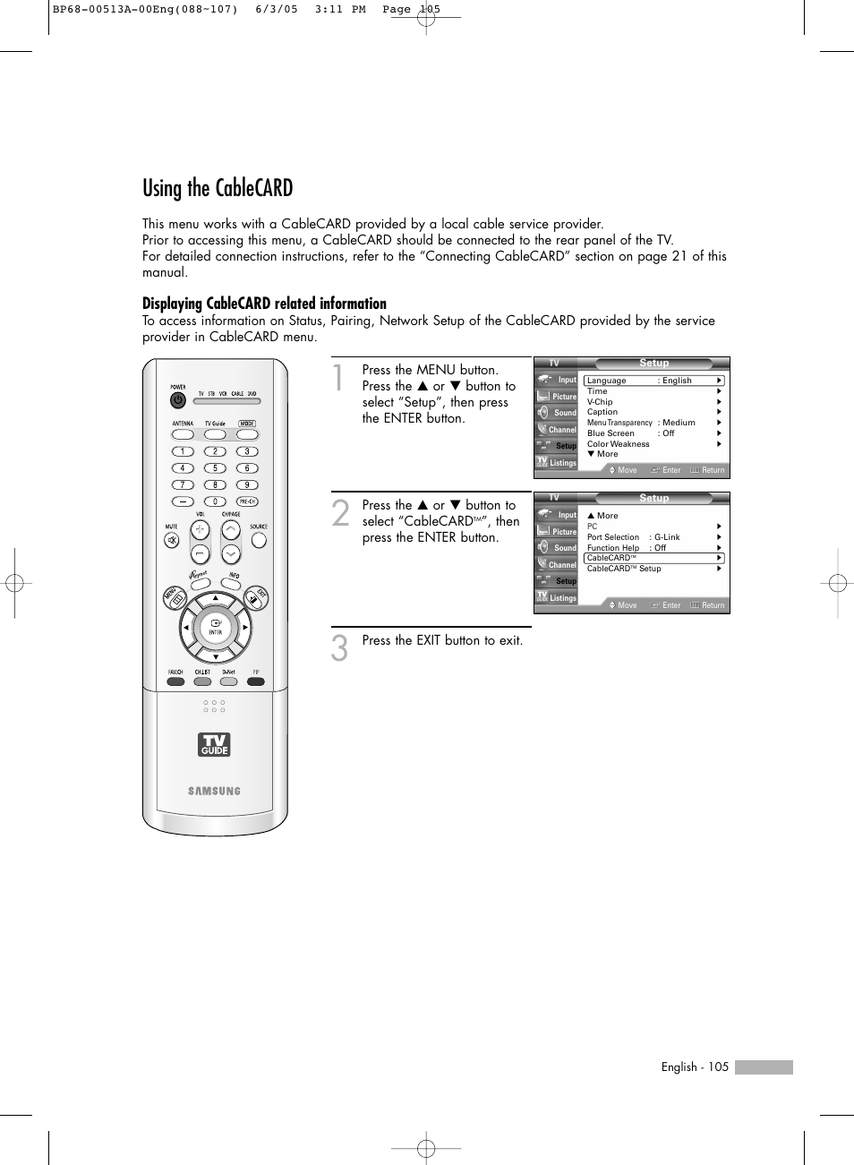 Using the cablecard, Displaying cablecard related information | Samsung HLR5078WX-XAC User Manual | Page 105 / 144