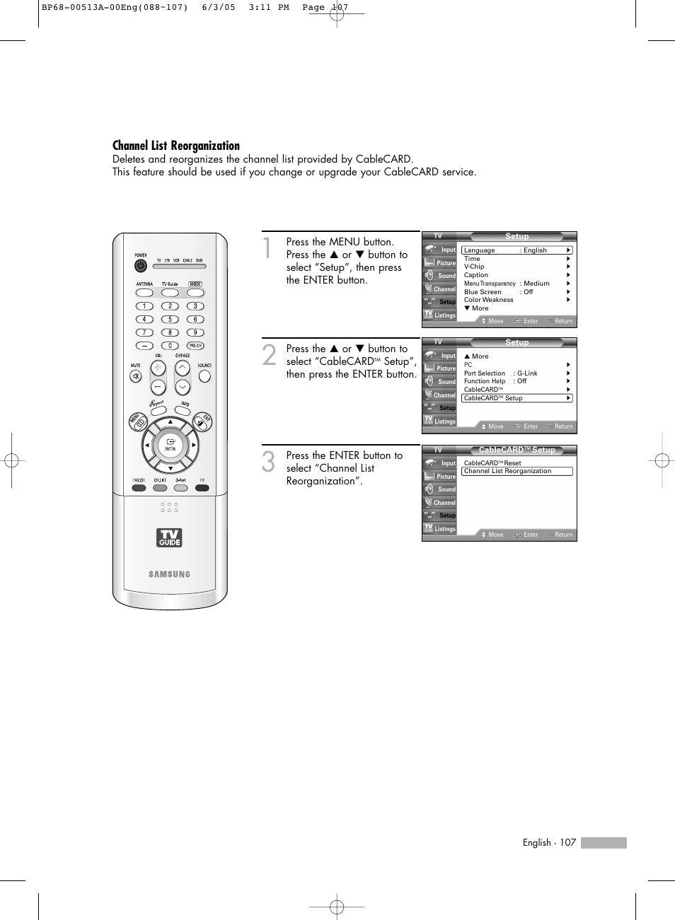 Channel list reorganization, Press the … or † button to select “cablecard, Setup”, then press the enter button | Samsung HLR5078WX-XAC User Manual | Page 107 / 144
