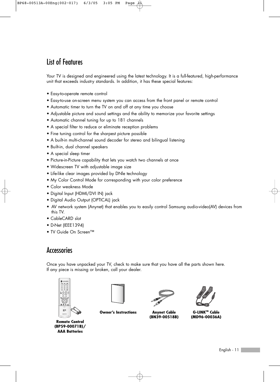List of features, Accessories | Samsung HLR5078WX-XAC User Manual | Page 11 / 144
