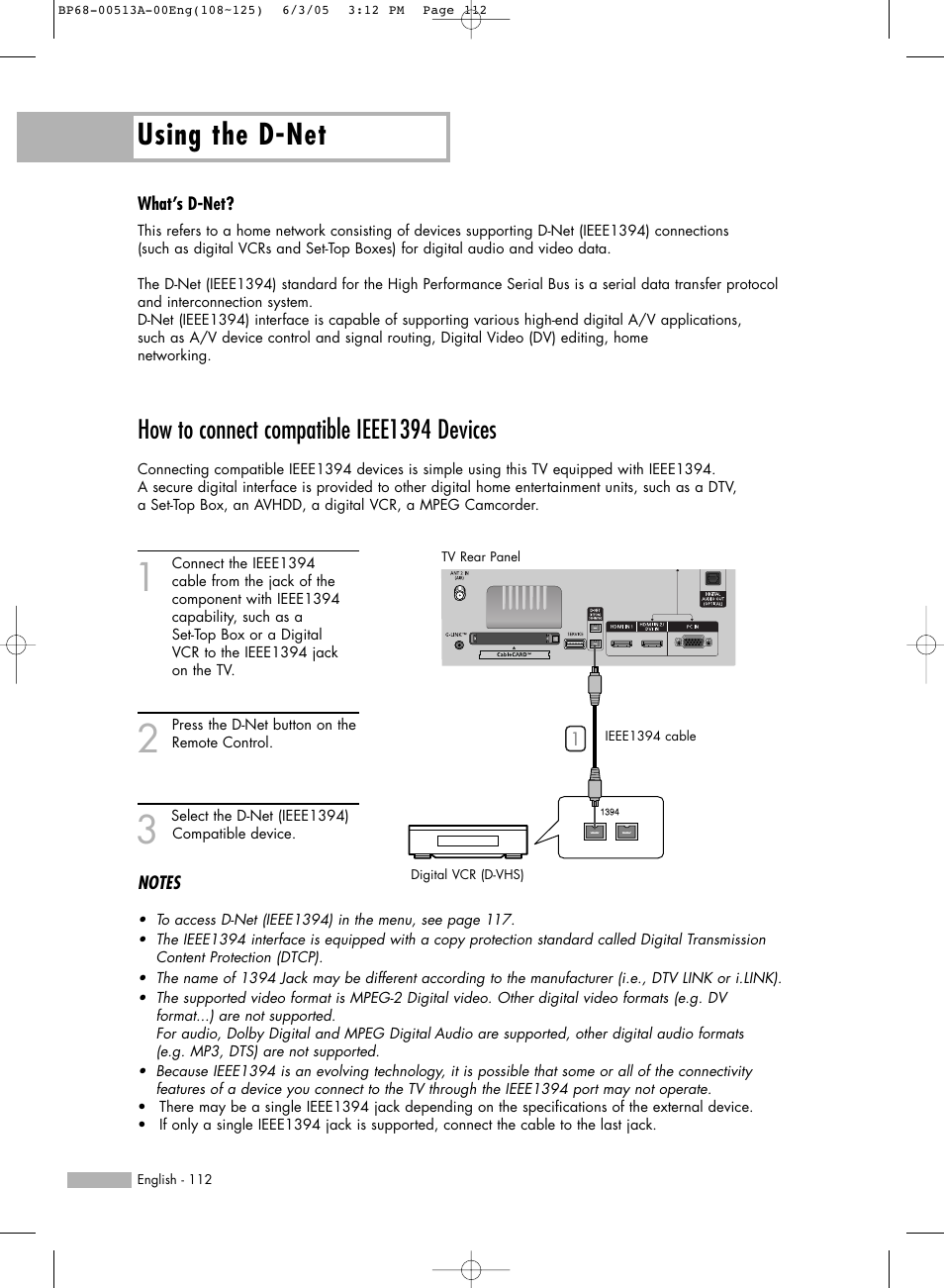 How to connect compatible ieee1394 devices, Using the d-net | Samsung HLR5078WX-XAC User Manual | Page 112 / 144