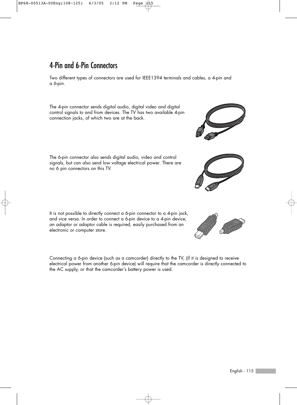 Pin and 6-pin connectors | Samsung HLR5078WX-XAC User Manual | Page 115 / 144