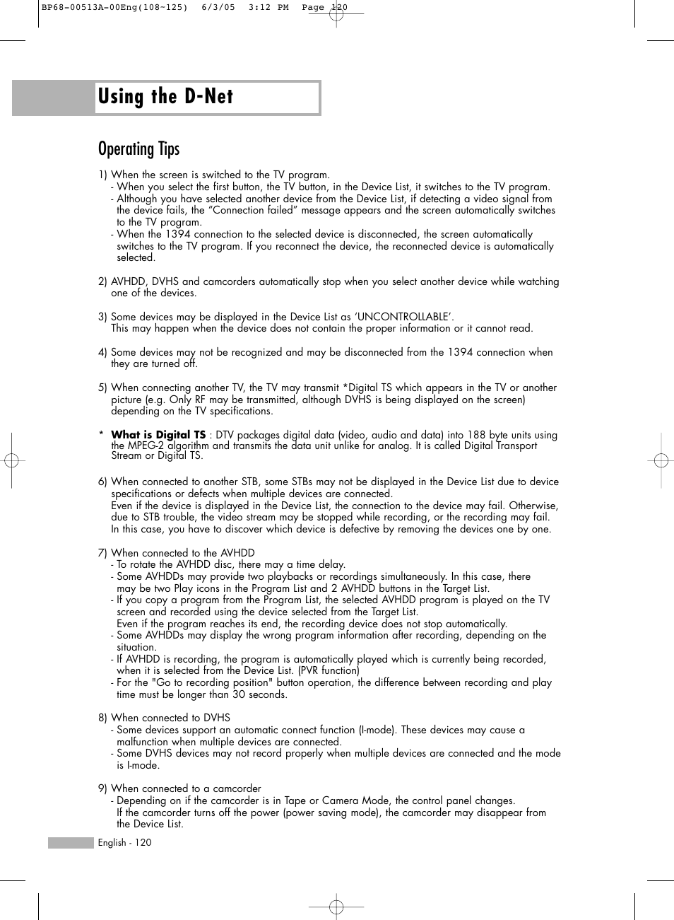 Operating tips, Using the d-net | Samsung HLR5078WX-XAC User Manual | Page 120 / 144