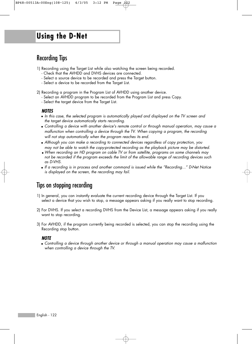 Recording tips, Tips on stopping recording, Using the d-net | Samsung HLR5078WX-XAC User Manual | Page 122 / 144