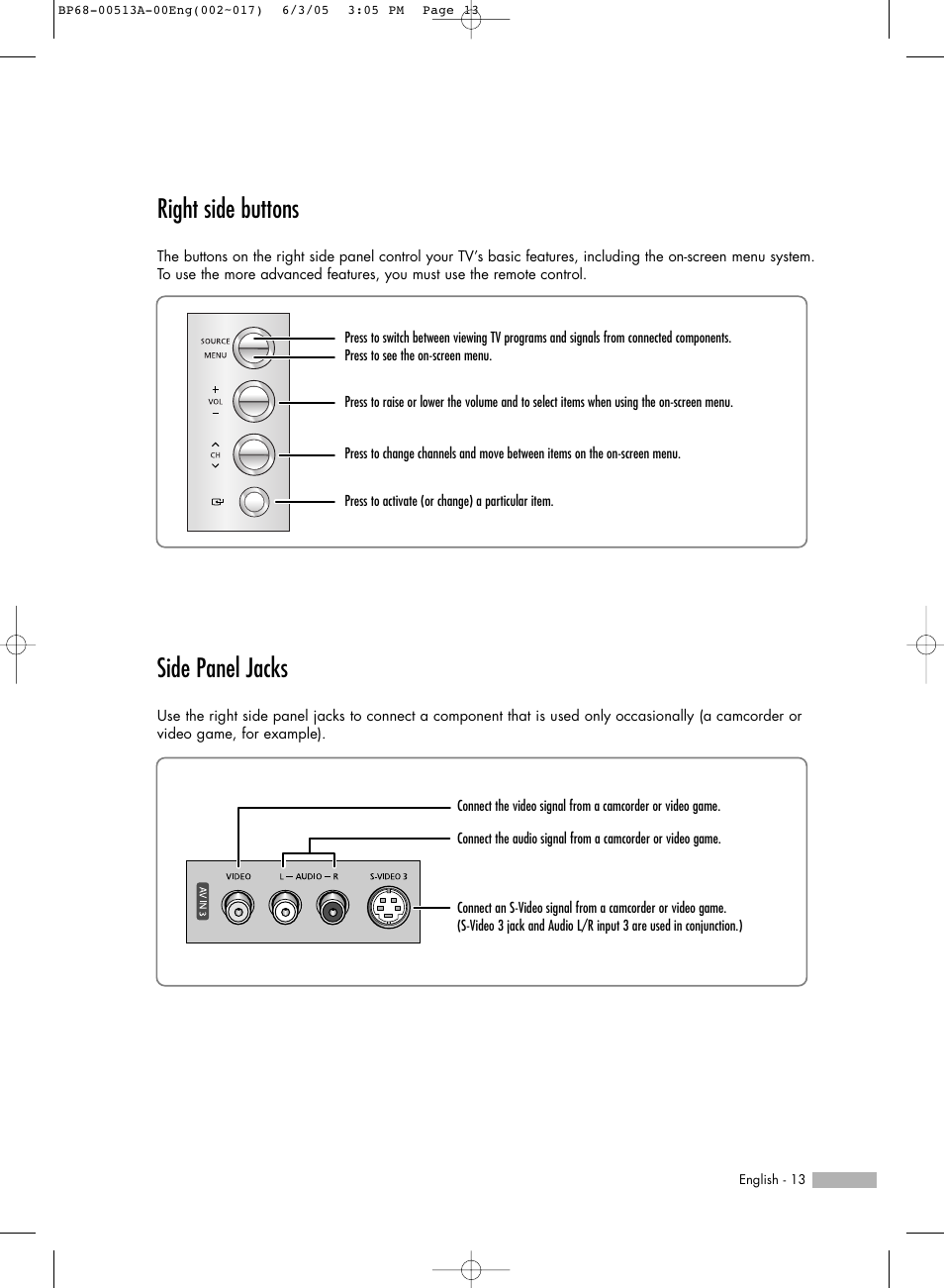 Right side buttons, Side panel jacks | Samsung HLR5078WX-XAC User Manual | Page 13 / 144
