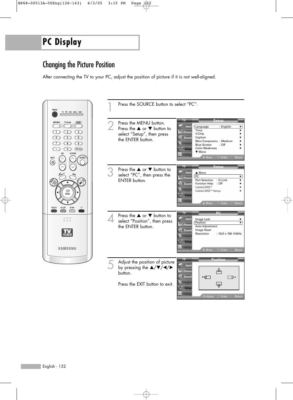 Changing the picture position, Pc display | Samsung HLR5078WX-XAC User Manual | Page 132 / 144