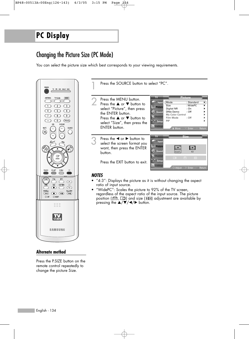 Changing the picture size(pc mode), Pc display, Changing the picture size (pc mode) | Alternate method | Samsung HLR5078WX-XAC User Manual | Page 134 / 144