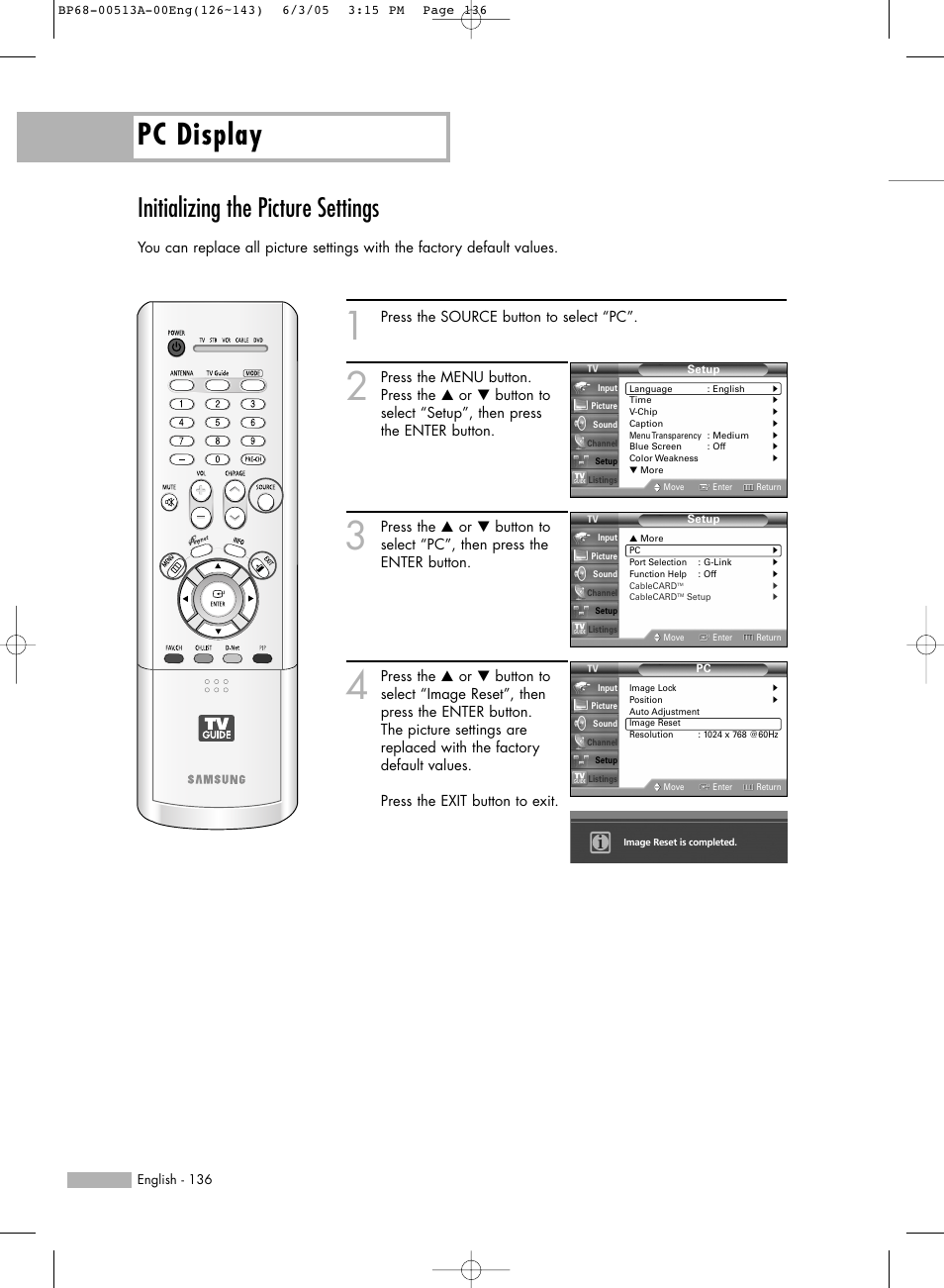 Initializing the picture settings, Pc display | Samsung HLR5078WX-XAC User Manual | Page 136 / 144
