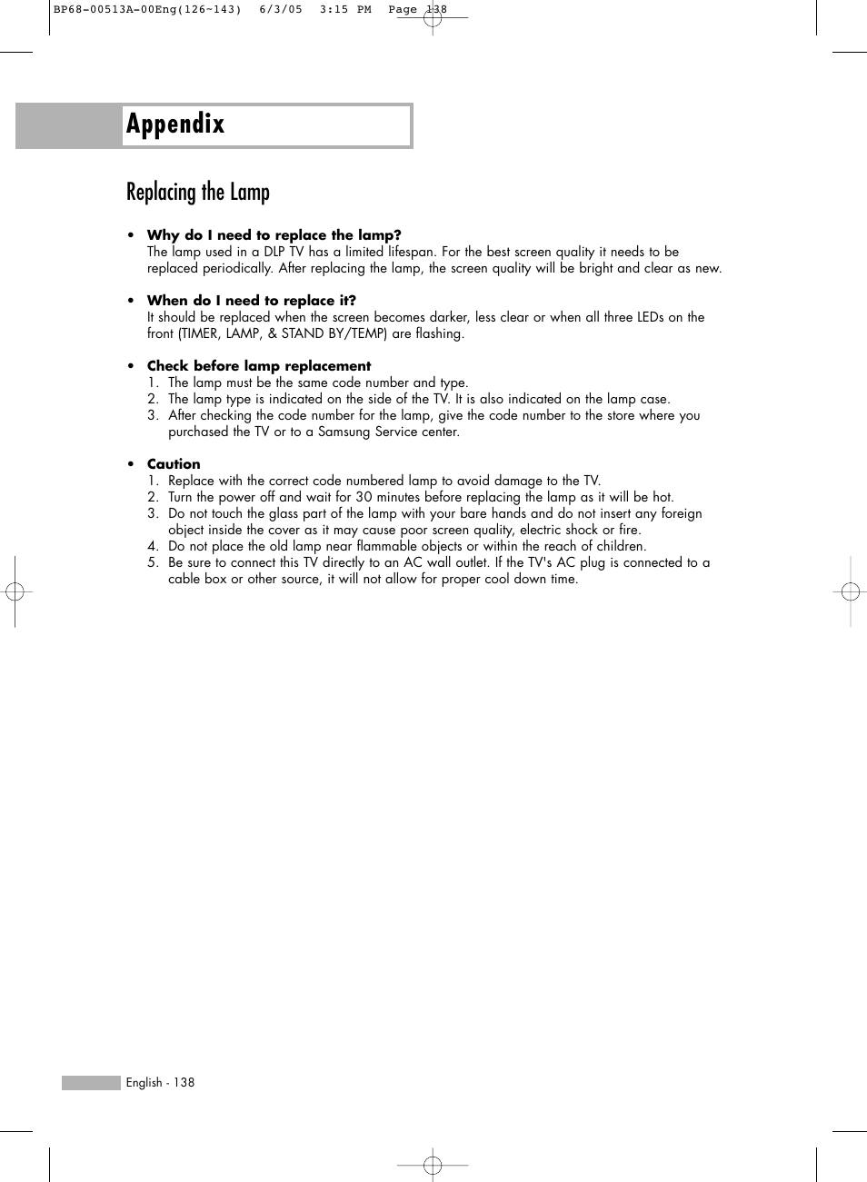 Replacing the lamp, Appendix | Samsung HLR5078WX-XAC User Manual | Page 138 / 144