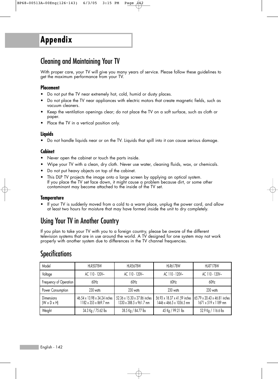 Cleaning and maintaining your tv, Using your tv in another country, Specifications | Appendix | Samsung HLR5078WX-XAC User Manual | Page 142 / 144