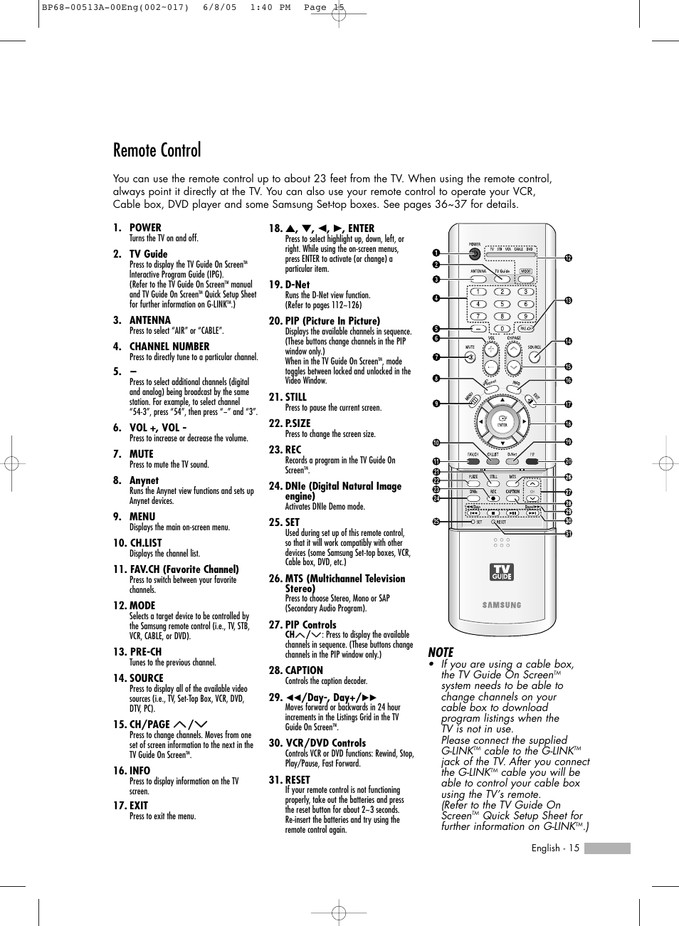Remote control | Samsung HLR5078WX-XAC User Manual | Page 15 / 144