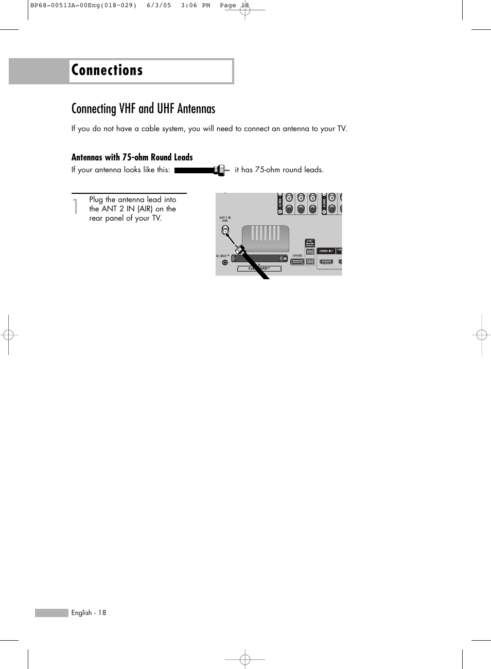 Connecting vhf and uhf antennas, Antennas with 75-ohm round leads, Connections | Samsung HLR5078WX-XAC User Manual | Page 18 / 144