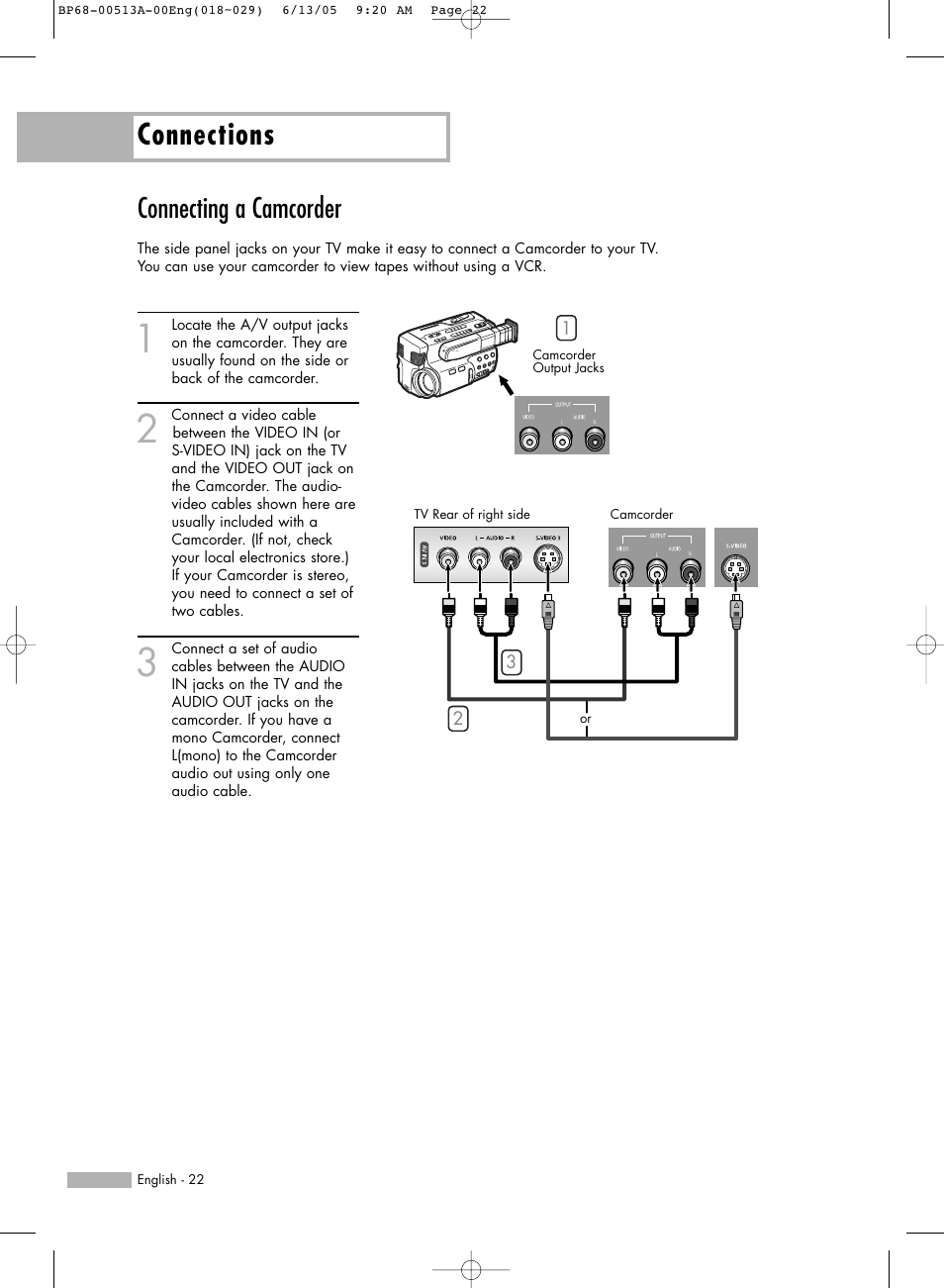 Connecting a camcorder, Connections | Samsung HLR5078WX-XAC User Manual | Page 22 / 144