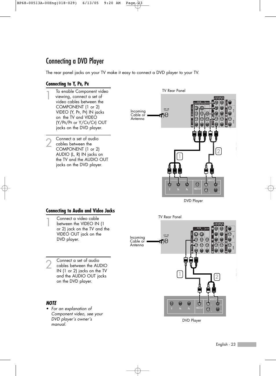 Connecting a dvd player, Connecting to y, pb, pr, Connecting to audio and video jacks | Samsung HLR5078WX-XAC User Manual | Page 23 / 144