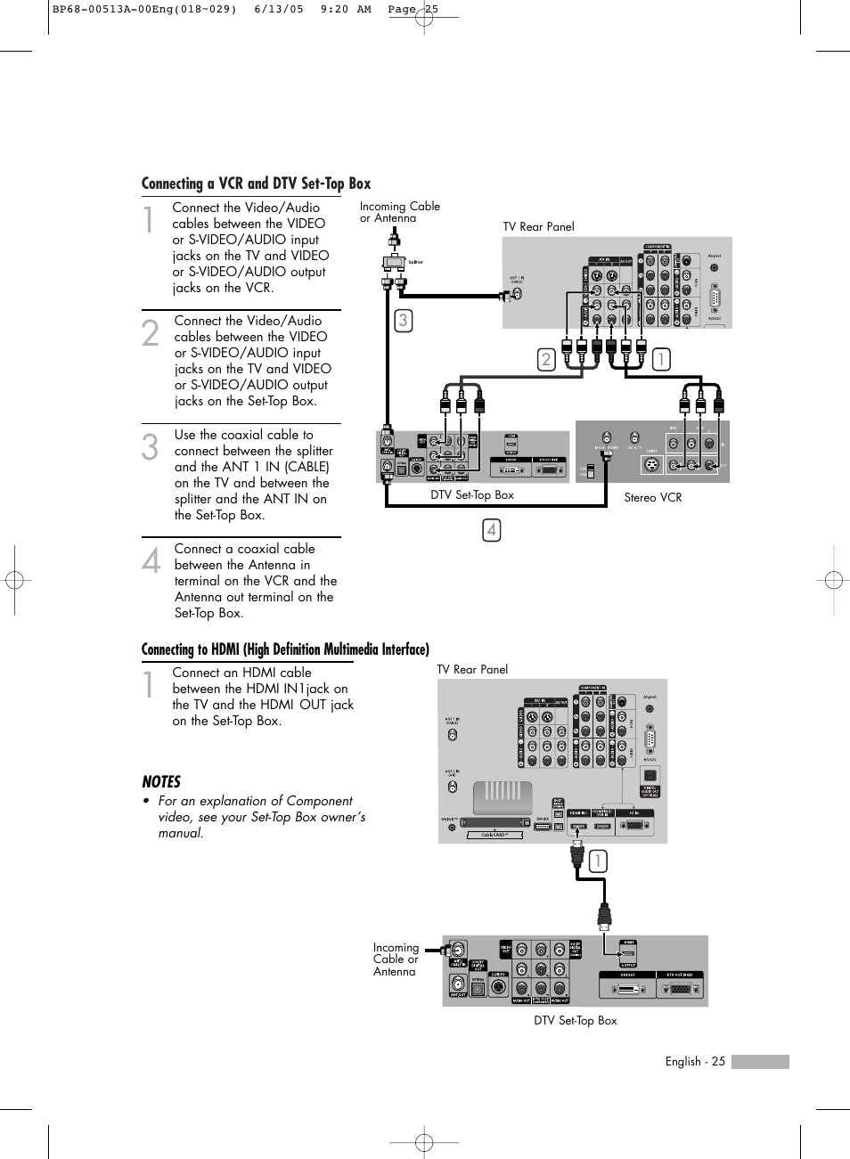 Connecting a vcr and dtv set-top box | Samsung HLR5078WX-XAC User Manual | Page 25 / 144
