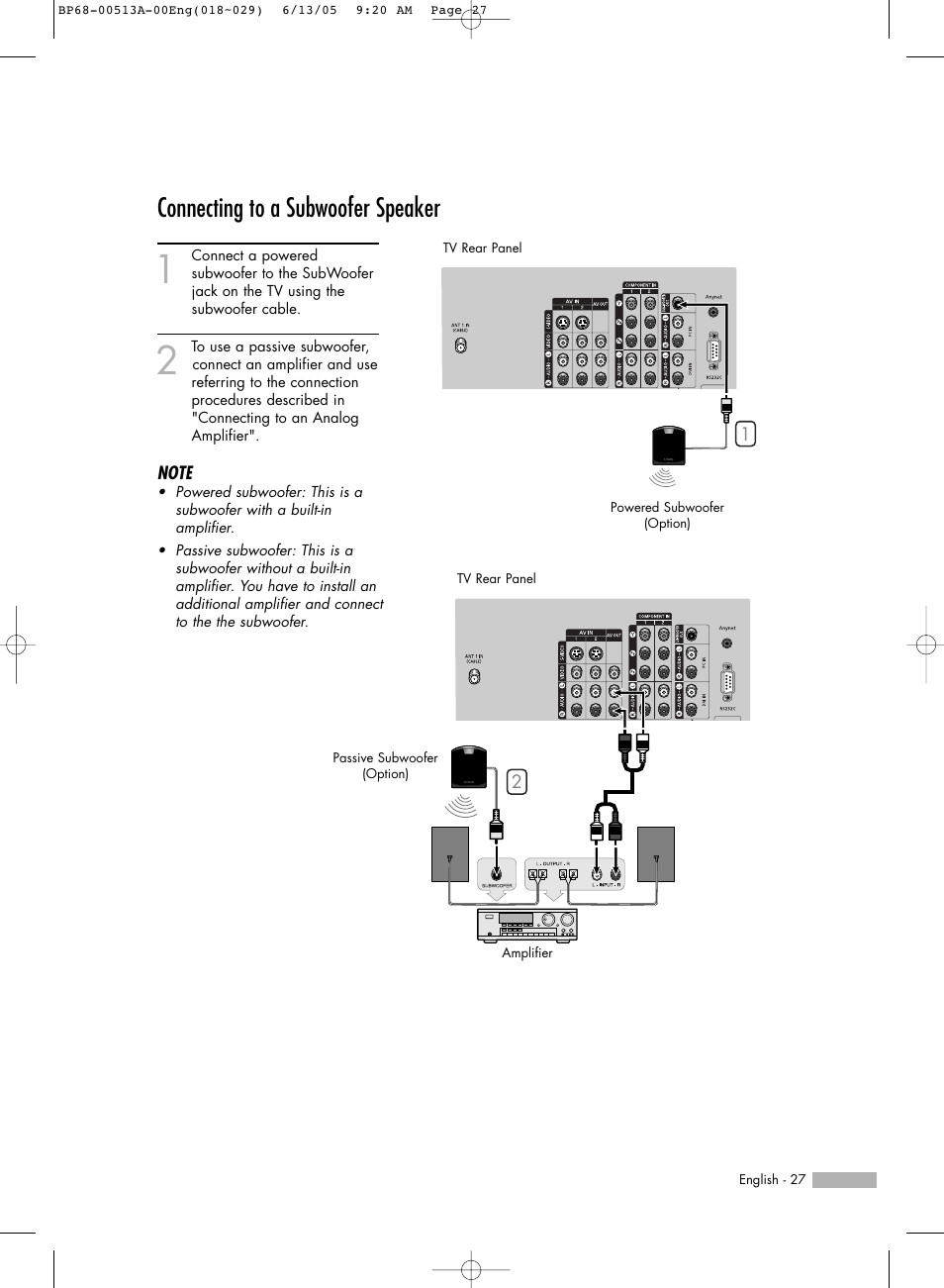Connecting to a subwoofer speaker | Samsung HLR5078WX-XAC User Manual | Page 27 / 144