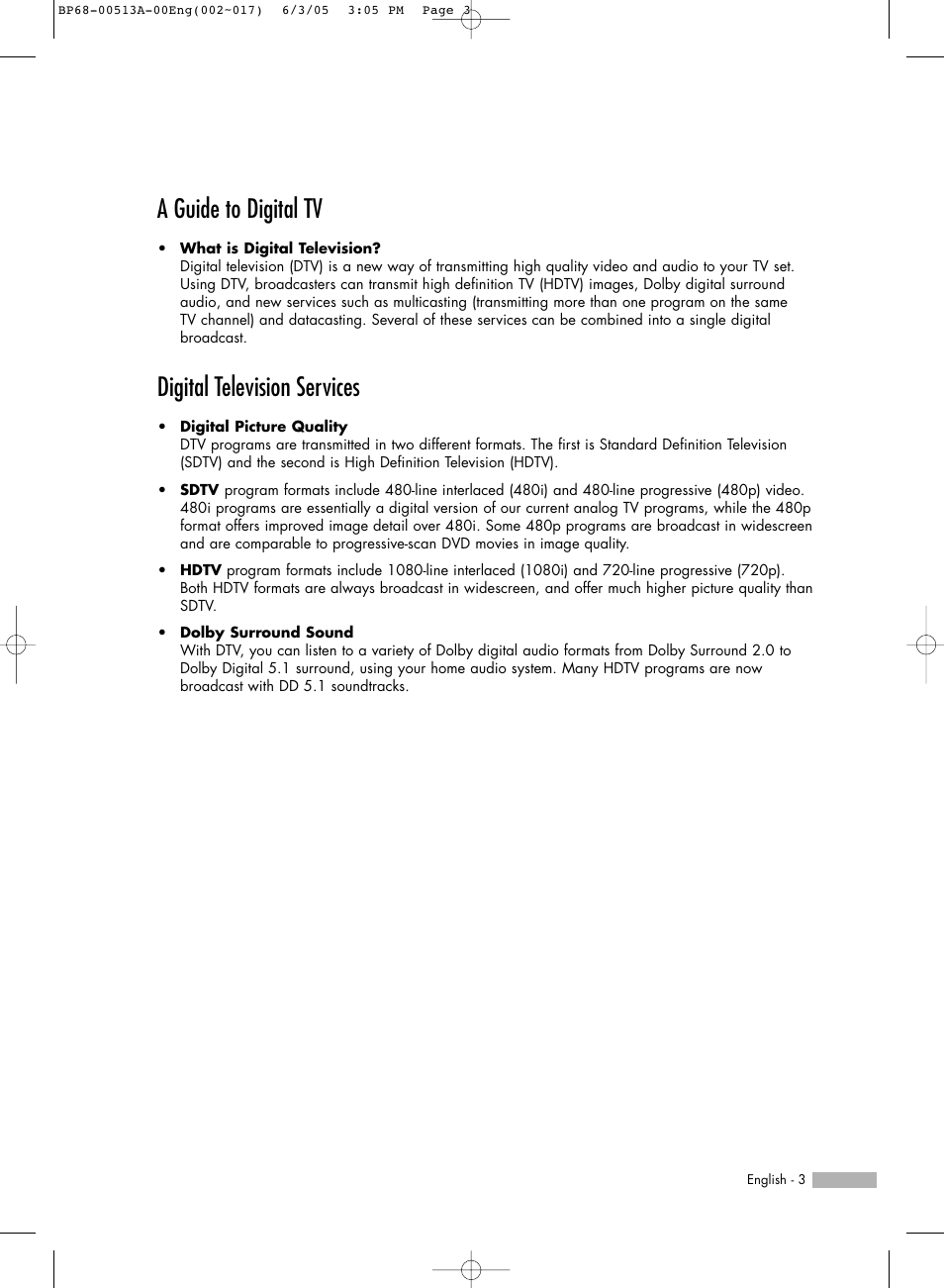 A guide to digital tv, Digital television services | Samsung HLR5078WX-XAC User Manual | Page 3 / 144