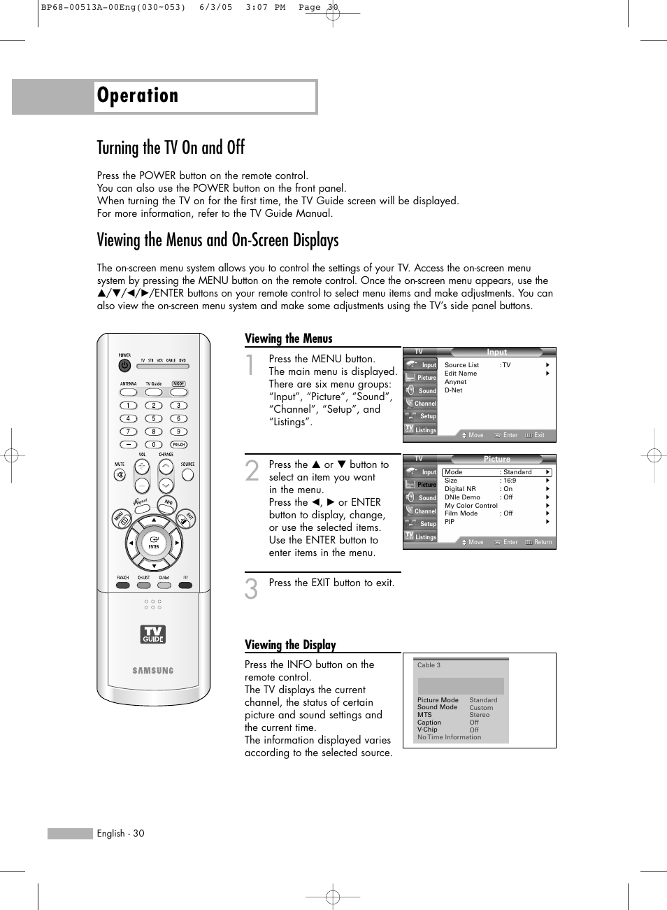 Turning the tv on and off, Viewing the menus and on-screen displays, Operation | Viewing the menus, Viewing the display | Samsung HLR5078WX-XAC User Manual | Page 30 / 144