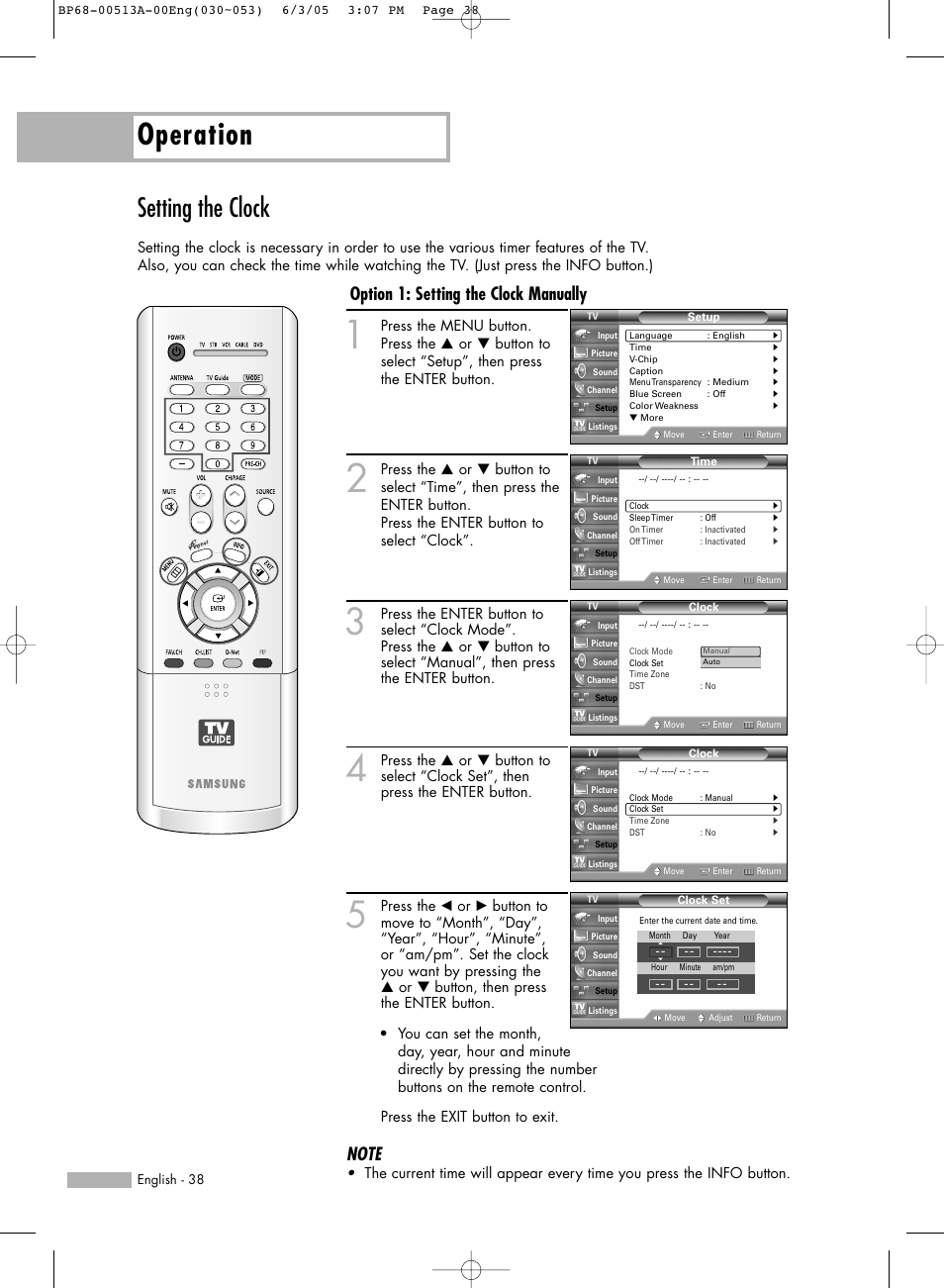 Setting the clock, Operation, Option 1: setting the clock manually | Samsung HLR5078WX-XAC User Manual | Page 38 / 144