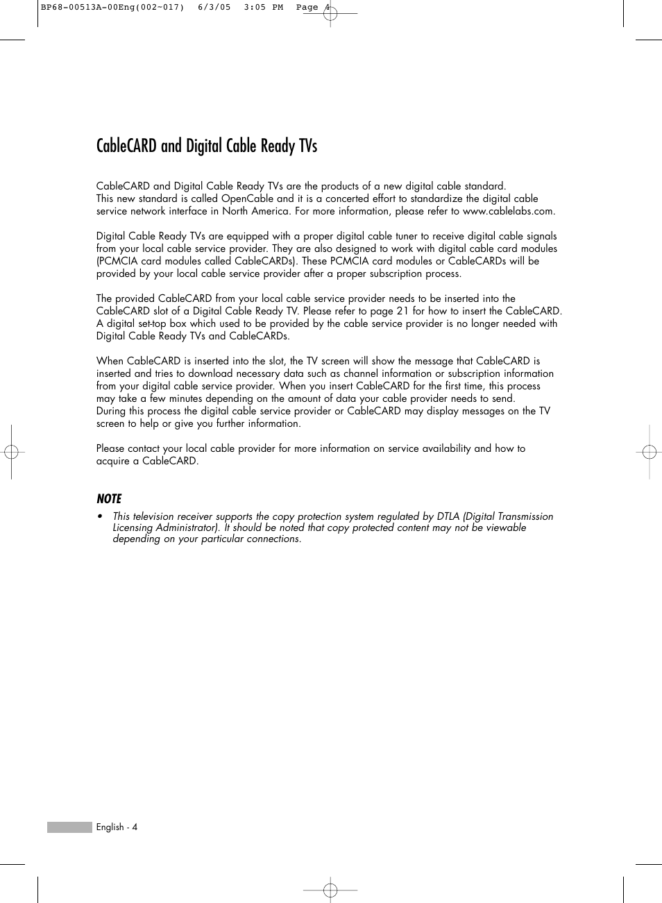 Cablecard and digital cable ready tvs | Samsung HLR5078WX-XAC User Manual | Page 4 / 144