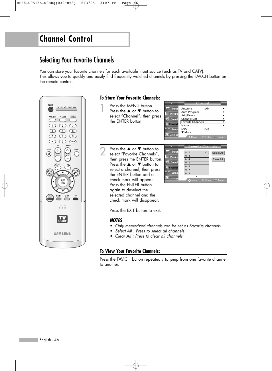 Selecting your favorite channels, Channel control | Samsung HLR5078WX-XAC User Manual | Page 46 / 144