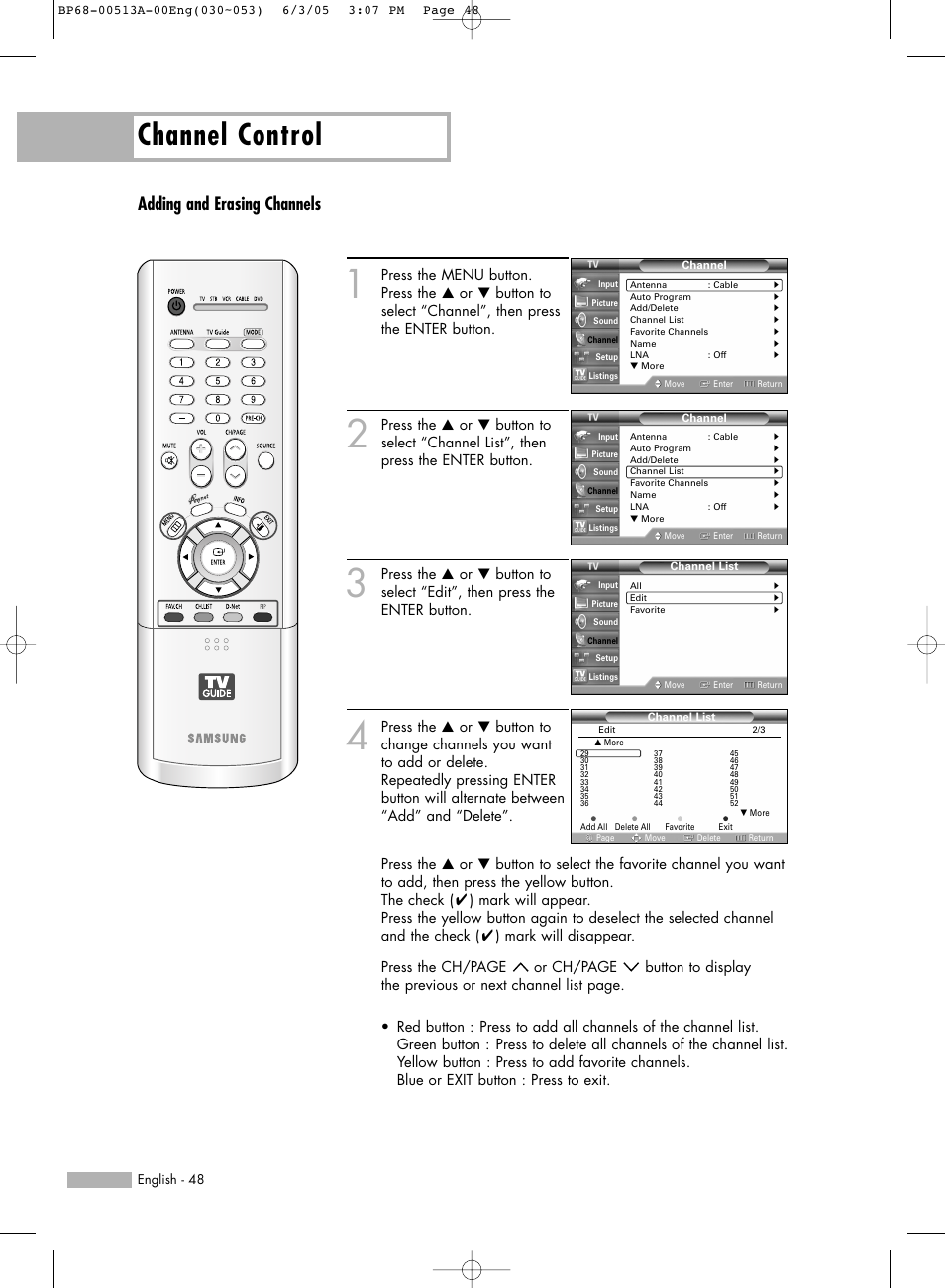 Channel control, Adding and erasing channels | Samsung HLR5078WX-XAC User Manual | Page 48 / 144