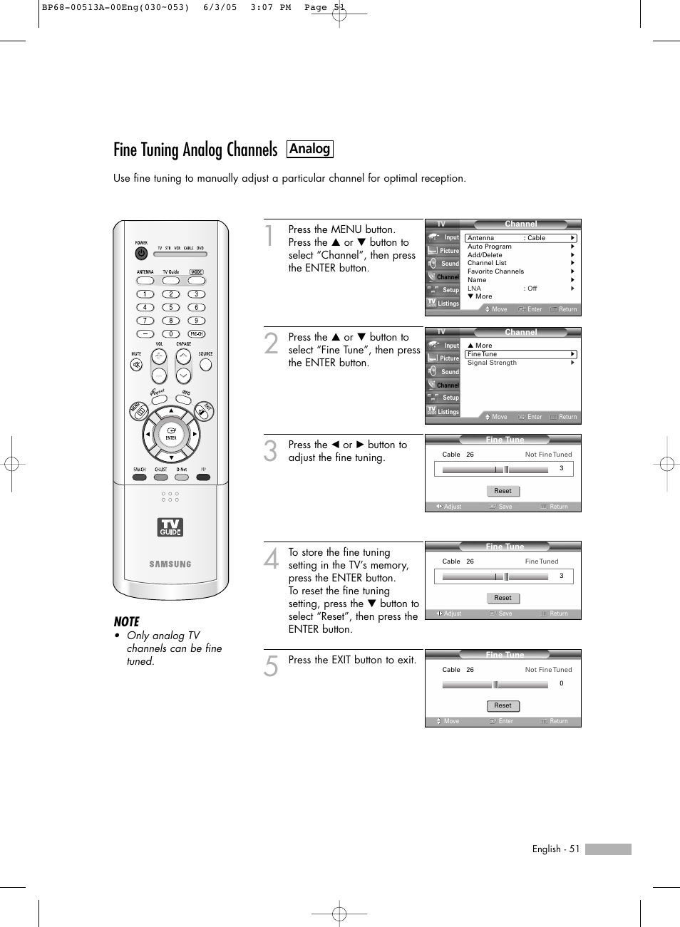 Fine tuning analog channels, Analog | Samsung HLR5078WX-XAC User Manual | Page 51 / 144